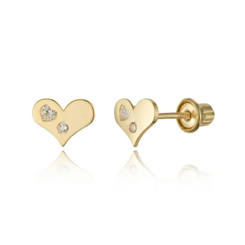14k Yellow Gold Heart Earrings CZ Children Screwback Baby Girls Stud Earrings
